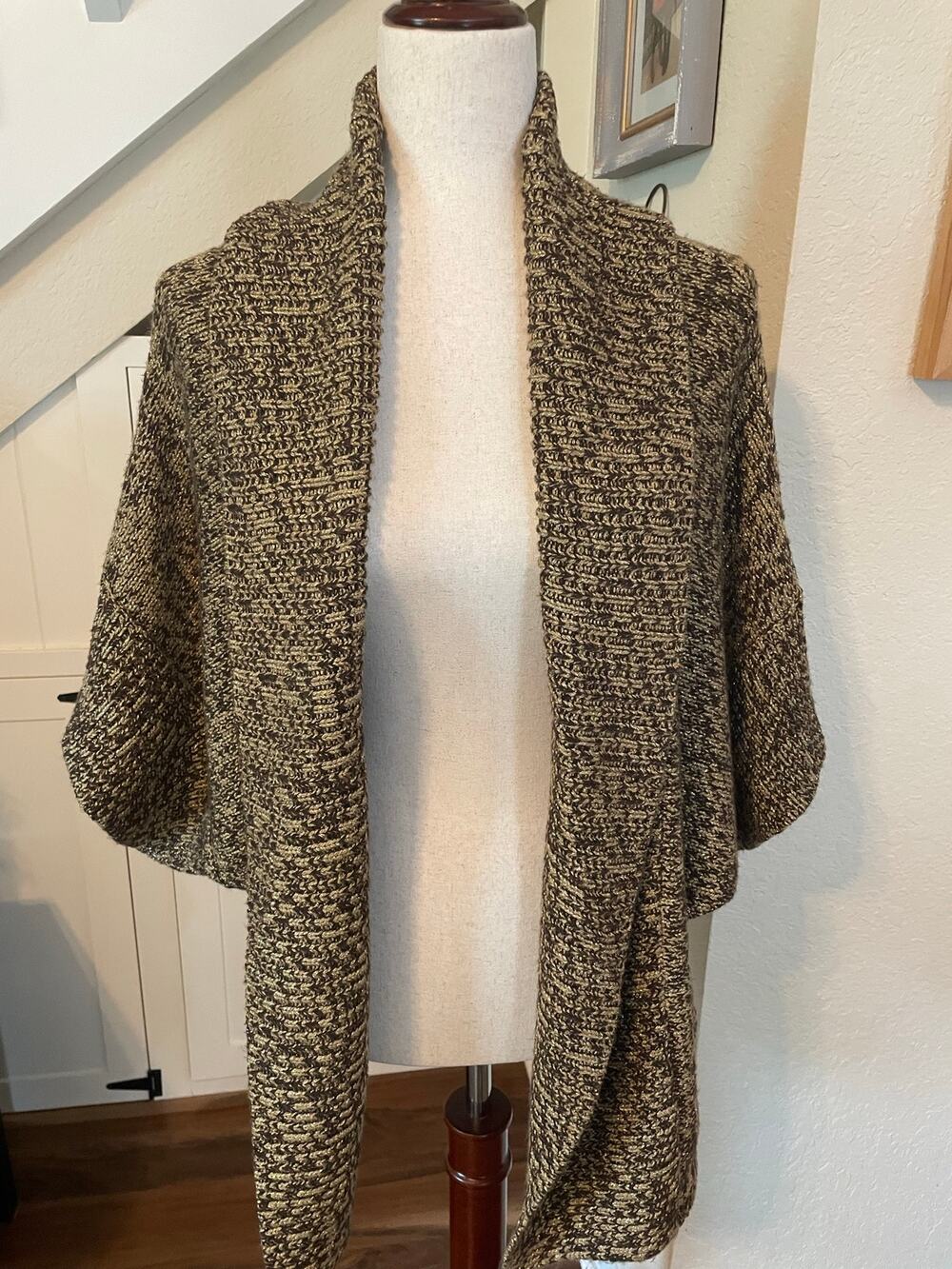 Chico's Metallic Gold Brown Marled Knit Shawl Collar Cardigan Sweater Size 3 XL
